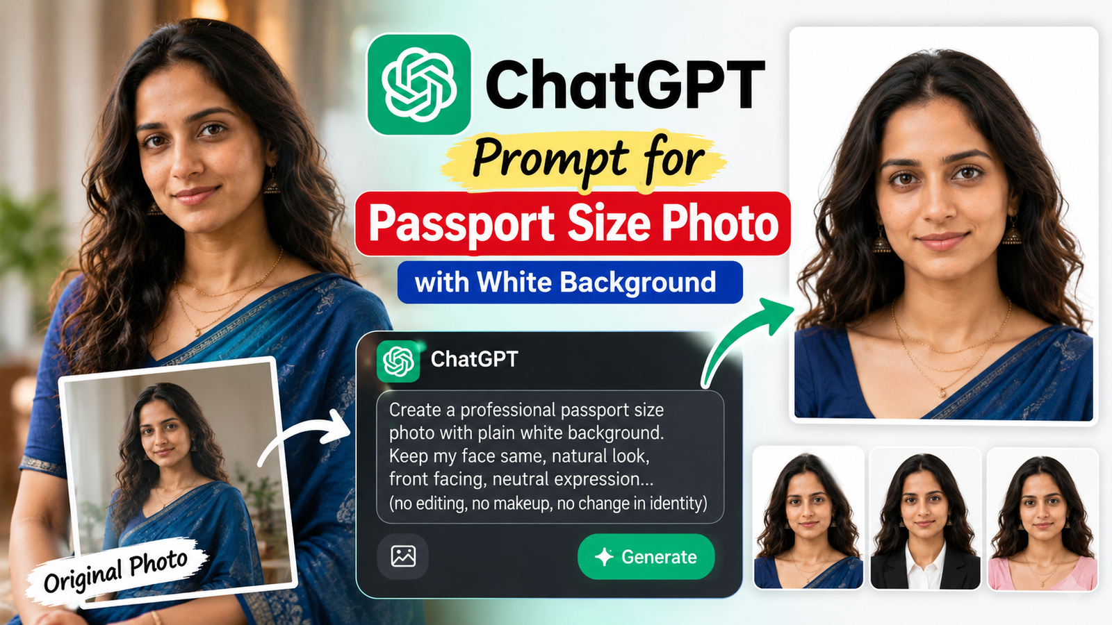 ChatGPT prompt for passport size photo with white background