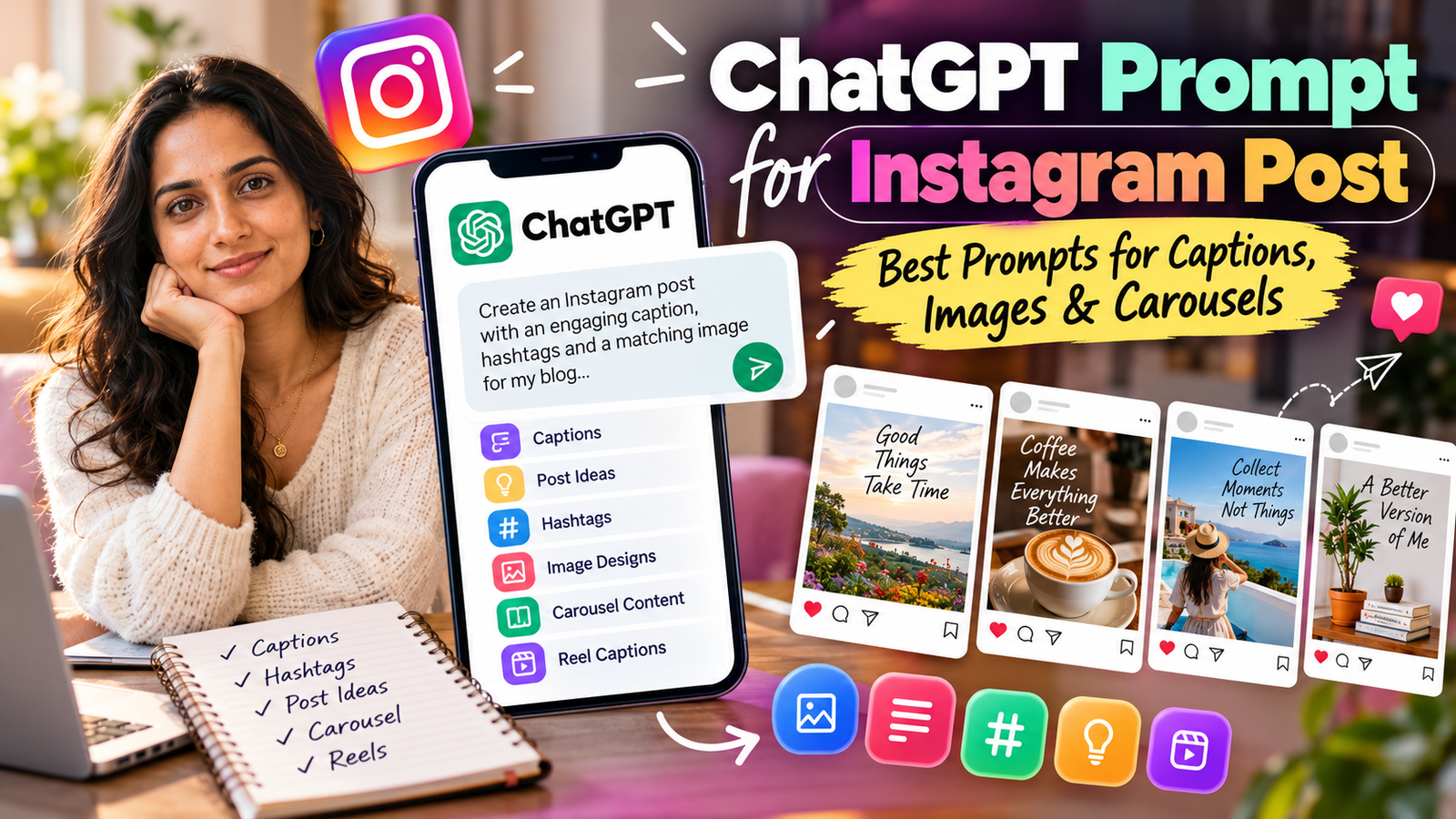 ChatGPT prompt for Instagram post with captions carousel and social media content ideas
