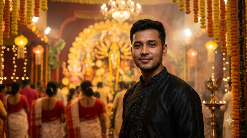 Durga Puja portrait prompt for boys in traditional kurta with illuminated pandal
