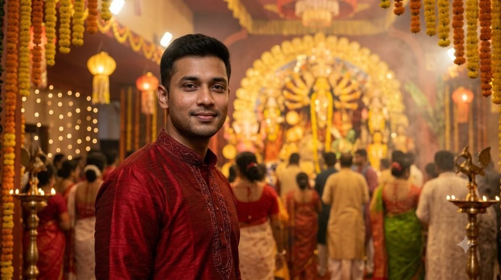 Durga Puja portrait prompt for boys in traditional kurta with illuminated pandal
