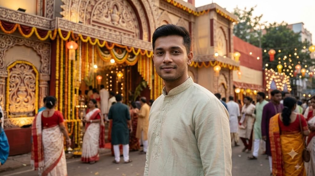 Durga Puja portrait prompt for boys in traditional kurta with illuminated pandal