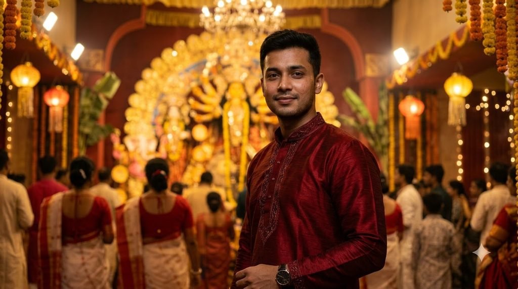 Durga Puja portrait prompt for boys in traditional kurta with illuminated pandal