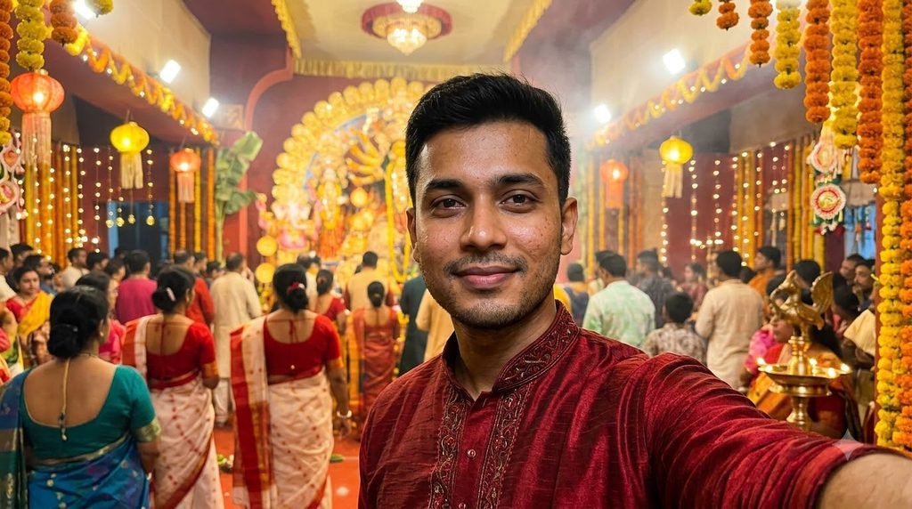 Durga Puja portrait prompt for boys in traditional kurta with illuminated pandal