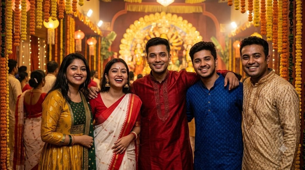 Durga Puja portrait prompt for boys in traditional kurta with illuminated pandal