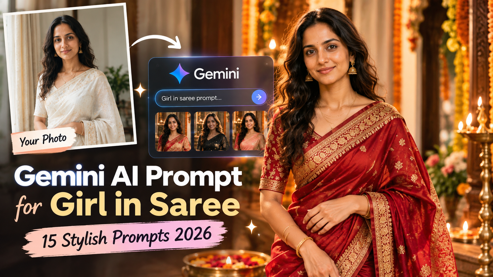 Gemini AI prompt for girl in saree creating a realistic traditional portrait