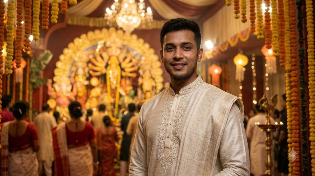 Durga Puja portrait prompt for boys in traditional kurta with illuminated pandal