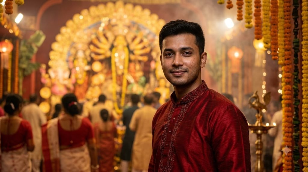 Durga Puja portrait prompt for boys in traditional kurta with illuminated pandal