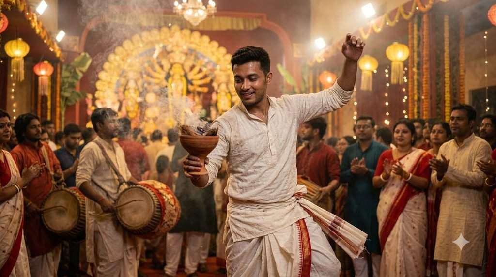 Durga Puja portrait prompt for boys in traditional kurta with illuminated pandal