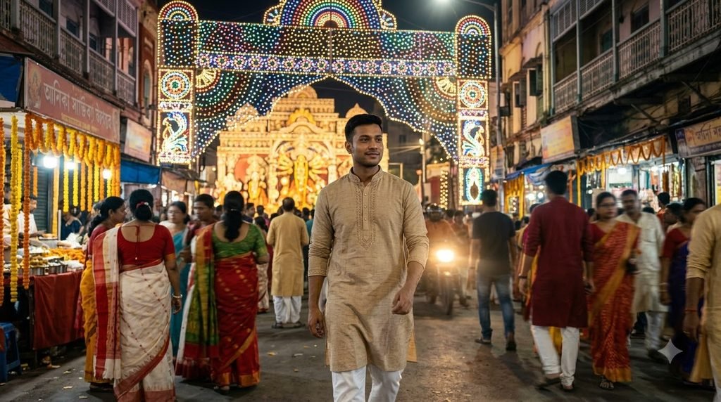 Durga Puja portrait prompt for boys in traditional kurta with illuminated pandal