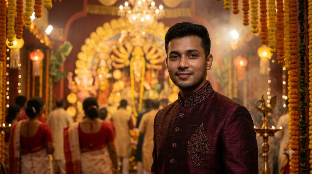 Durga Puja portrait prompt for boys in traditional kurta with illuminated pandal