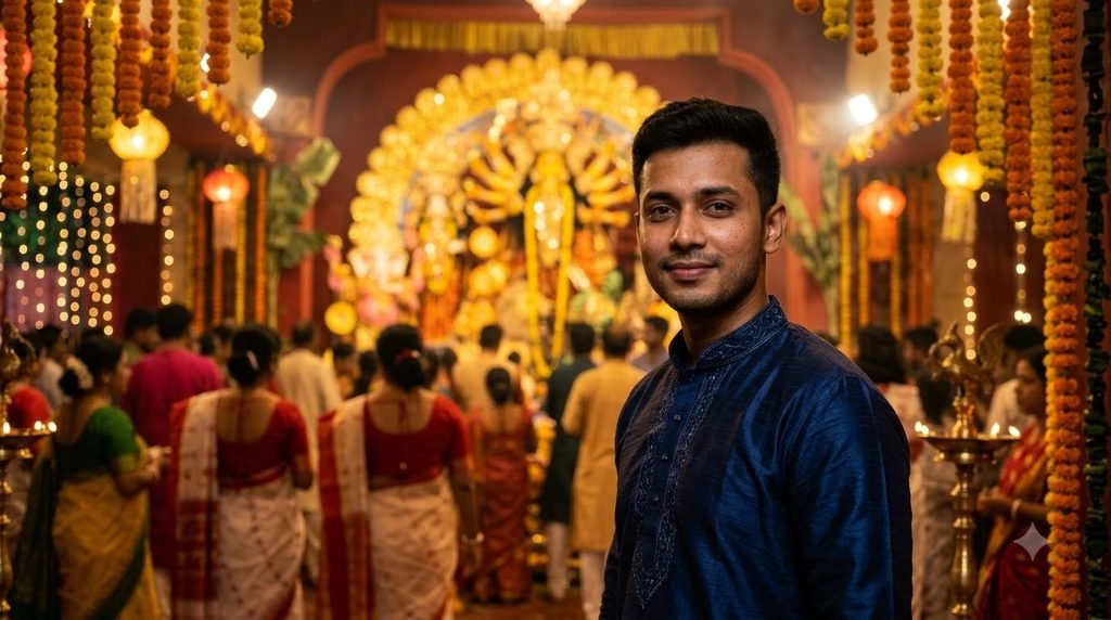 Durga Puja portrait prompt for boys in traditional kurta with illuminated pandal