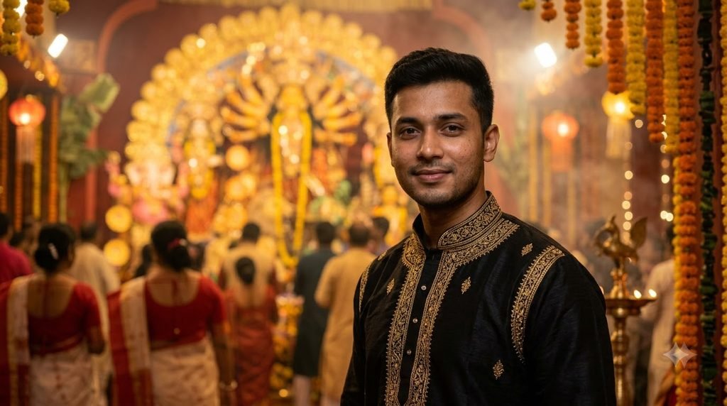 Durga Puja portrait prompt for boys in traditional kurta with illuminated pandal