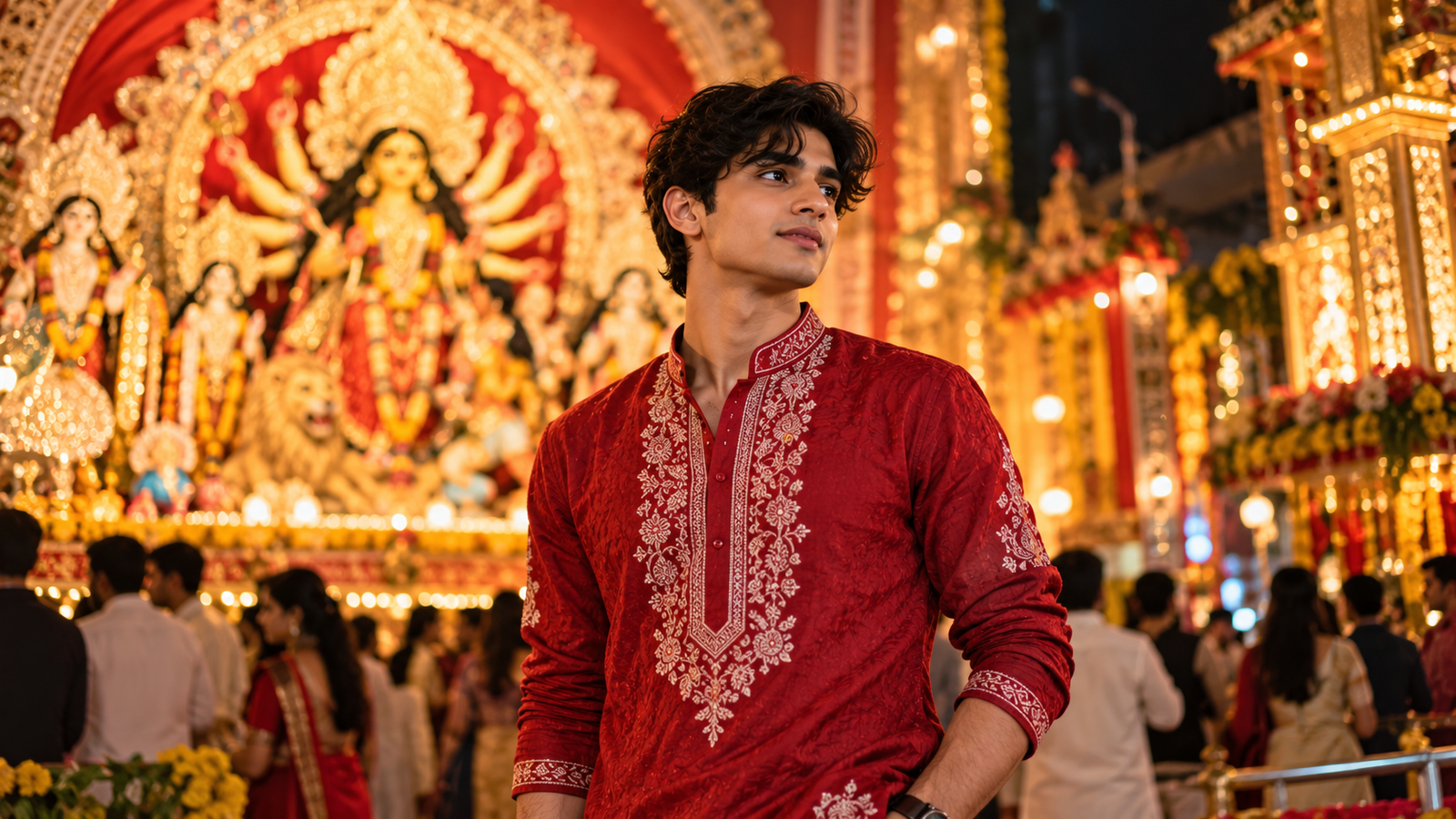 Durga Puja portrait prompt for boys in traditional kurta with illuminated pandal