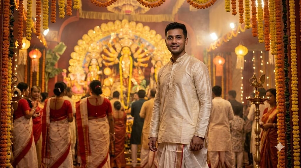 Durga Puja portrait prompt for boys in traditional kurta with illuminated pandal