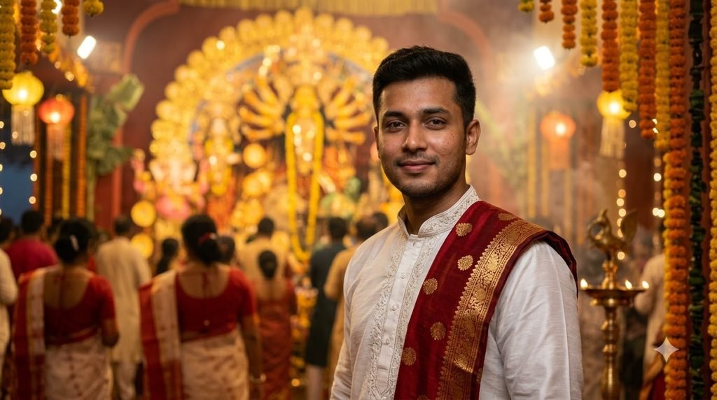 Durga Puja portrait prompt for boys in traditional kurta with illuminated pandal
