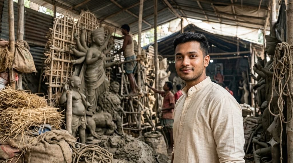 Durga Puja portrait prompt for boys in traditional kurta with illuminated pandal